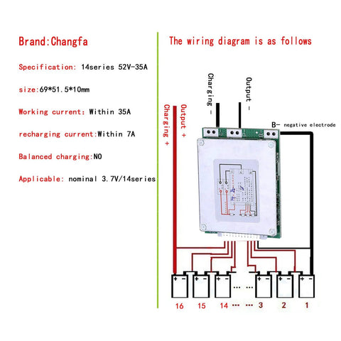 Wiring diagram for Street Tested 5 Pack 14S 52V 35A Lithium Battery Protection Board With Smart Balancing Pcb Circuit