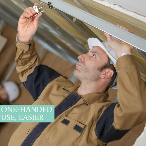Person using Six Pack Stainless Steel Lever Action Grid Clamps Built to Last Rustproof Tile Mounting Grip for ceiling installation.