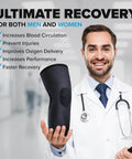 Doctor holding Knee Compression Sleeve Pair For Pain Relief And All Day Support Perfect For Running Basketball Volleyball Weightlifting