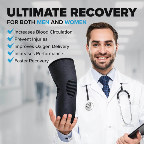 Doctor holding Knee Compression Sleeve Pair For Pain Relief And All Day Support Perfect For Running Basketball Volleyball Weightlifting