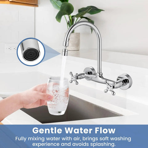 Wall Mounted Kitchen Faucet With Sprayer, 360 Degree Swivel Spout, Double Cross Handles, filling glass with water in kitchen sink