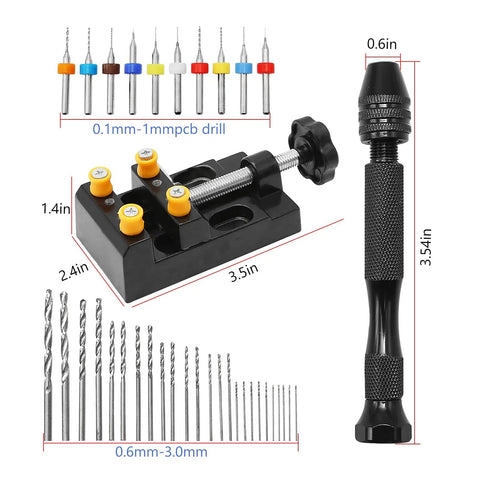 Kickass Micro Drill Kit With Sleek Pin Vise And Compact Bench Vise For Tough Wood Carving and Sweet Jewelry Crafting Using Heavy Duty Aluminum Tools, showcasing drill bits and bench vise.