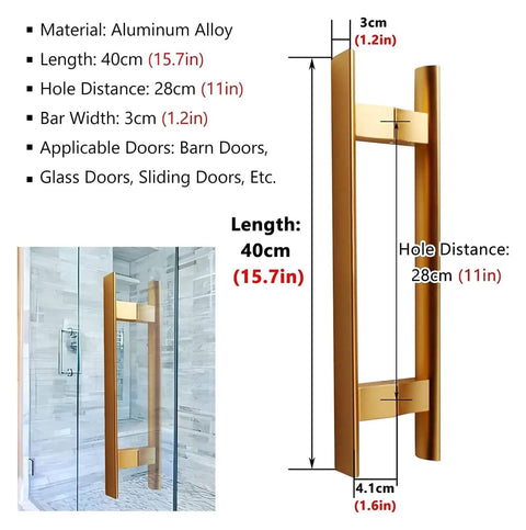 Slick Aluminum Door Handle For Sliding Glass Doors No Sweat Install Double Sided H Grab Bar Heavy Duty Pulls, 40cm length.