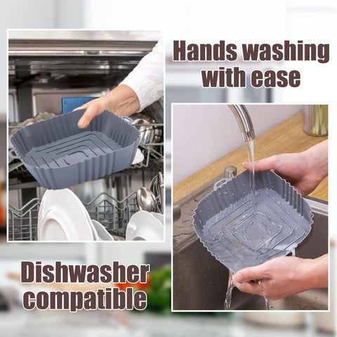 Square 7 Inch Silicone Liners For Air Fryer 2 Pack Nonstick Food Grade Reusable Baking Tray shown being washed by hand and in dishwasher