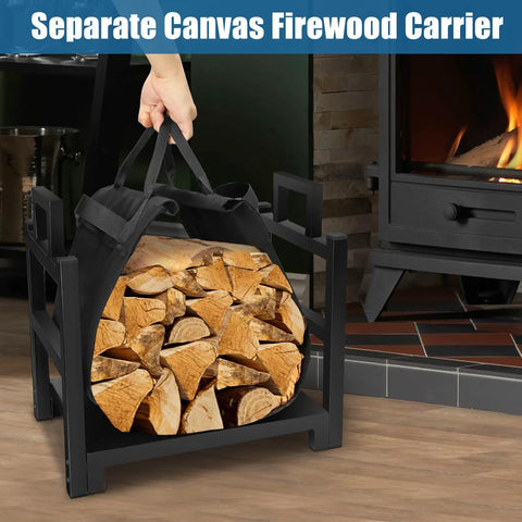 Indoor Firewood Rack And Log Holder With Wood Carrier, Powder Coated Steel Construction, Holds Up To 110 Pounds, near fireplace