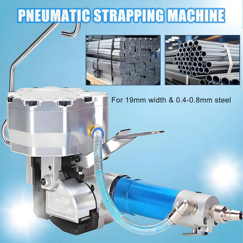 Heavy Duty Pneumatic Steel Strapping Machine With Automatic Tension Cutter For 19Mm Banding Steel Wood And Aluminum Profiles image showing tool mechanism and specifications.
