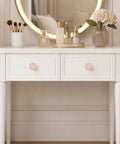 White dresser with Six Pack Pink Shell Cabinet Knobs Set, 1-1/4 Inch Round Dresser Pulls in Zinc Alloy with Brushed Brass Finish