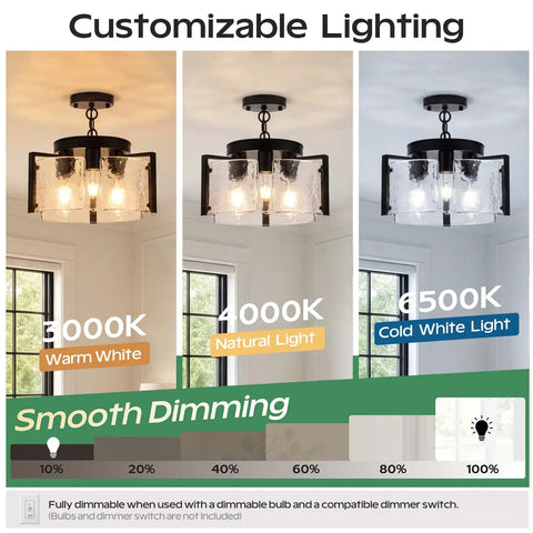 Kickass 14 Inch Three Light Black Chandelier Smooth 2 In 1 Convertible Pendant And Flush Mount With Textured Drum Glass showing customizable lighting options.