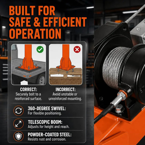Built for safe operation of Heavy Duty Folding Truck Bed Crane With A Rock Solid 2000 Pound Electric Winch And 1100 Pound Lift Capacity.