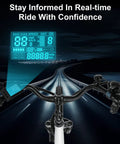 Electric Bike For Adults 26 Inch Commuter E Bike With LCD display showing speed and stats on a dark road