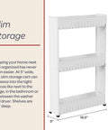 White Three Tier Rolling Cart For Narrow Spaces With Slide Out Shelves Space Saving Kitchen And Bathroom Organizer 28 inch tall