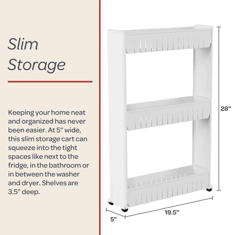 White Three Tier Rolling Cart For Narrow Spaces With Slide Out Shelves Space Saving Kitchen And Bathroom Organizer 28 inch tall