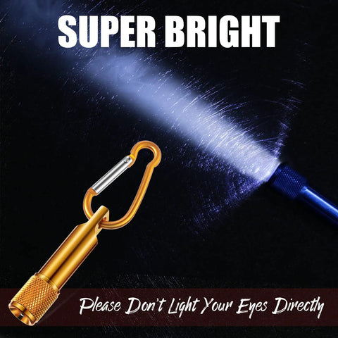 25 Pack Mini Keychain LED Flashlights With Carabiner For Outdoor Summer Use showing bright light beam in darkness