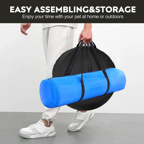 Person carrying the Backyard Dog Agility Training Course Set For Pets with grey and black tunnel in a handy storage bag.