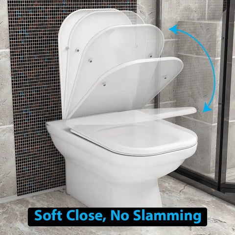 Round White Toilet Seat Featuring Soft Close Slow Closing Lid Universal Replacement for standard toilets, showing smooth glide operation.