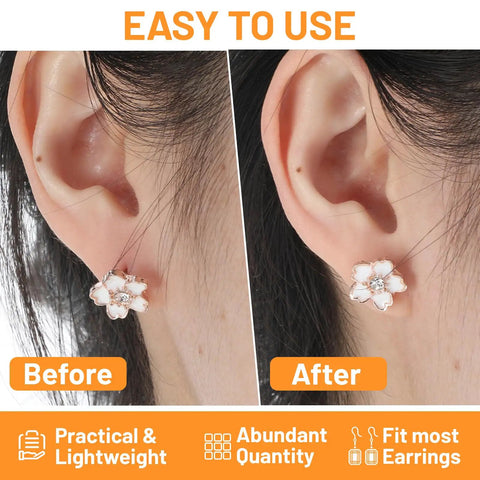 Comparison of ear with and without Secure Fit Ear Piercing Covers For Sports And Heavy Earrings 400 Pcs Skin Tone EVA Discs.
