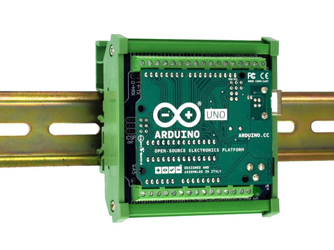 Din Rail Mount Pinout Breakout Terminal Block Module For UNO R3 Builds With 3.81mm Pitch Screw Terminal 26-16AWG Wire Range 5mm Strip M2 Slotted Screw For Easy Industrial Control Wiring, UNO board mounted on DIN rail