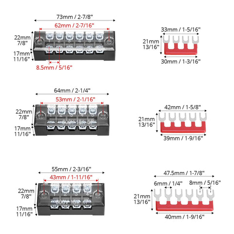 Diagram of Pro Grade Dual Row Screw Terminal Block Kit With 6 Sets 4/5/6 Position Options And Jumpers, dimensions marked.