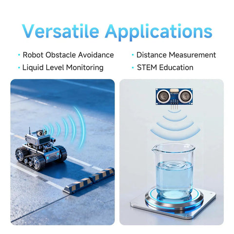 Waterproof Ultrasonic Distance Sensor Kit With 0.2 to 4.5 Meter Range shown in robot obstacle avoidance and liquid level monitoring setups.