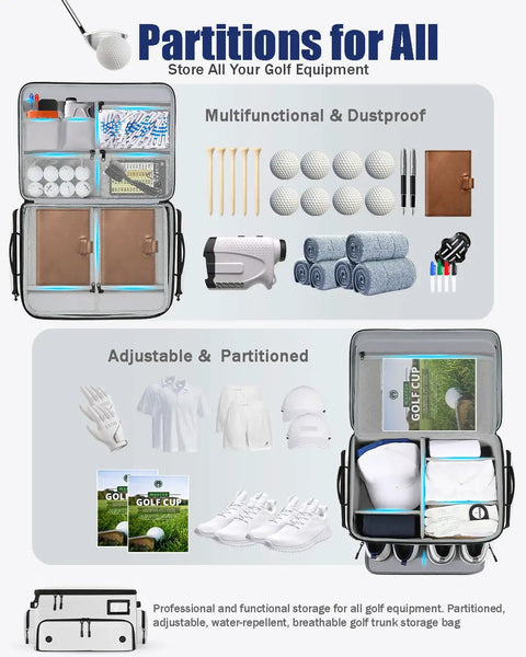 Waterproof Golf Trunk Organizer With Ventilated Shoe Pockets For 2 Pairs 4 Layer Storage And 17 Pockets For Balls Tees Caps