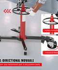 Heavy Duty 1100 Lbs Hydraulic Transmission Jack With 2 Stage Telescoping Arm And Massive Load Support For Smooth Engine Swaps On Any Car Or Light Truck In Your Home Garage Shop Today! Detail of base with 360 swivel wheels and auxiliary pulling ring.