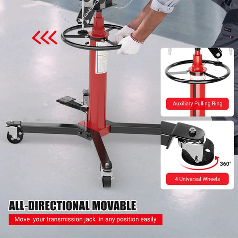 Heavy Duty 1100 Lbs Hydraulic Transmission Jack With 2 Stage Telescoping Arm And Massive Load Support For Smooth Engine Swaps On Any Car Or Light Truck In Your Home Garage Shop Today! Detail of base with 360 swivel wheels and auxiliary pulling ring.