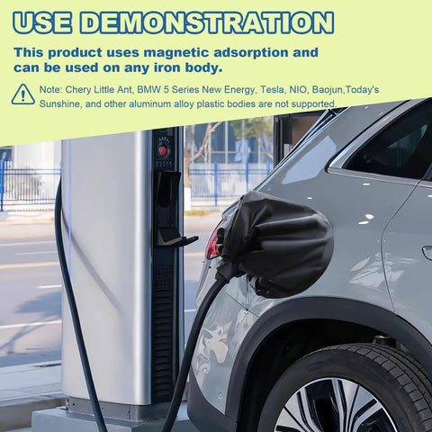 Universal EV Charger Port Cover With Heavy Duty Magnetic Seal Straight Up Waterproof Rain Snow Dust Proof Electric Vehicle Charging Plug Protector in use on a grey EV at a charging station.
