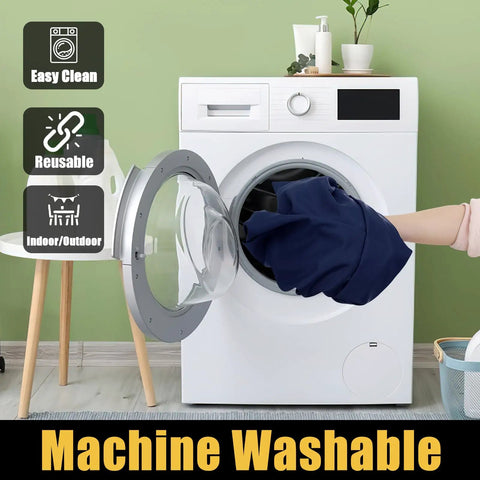 Person placing navy tablecloth into front-load washing machine, emphasizing washable feature