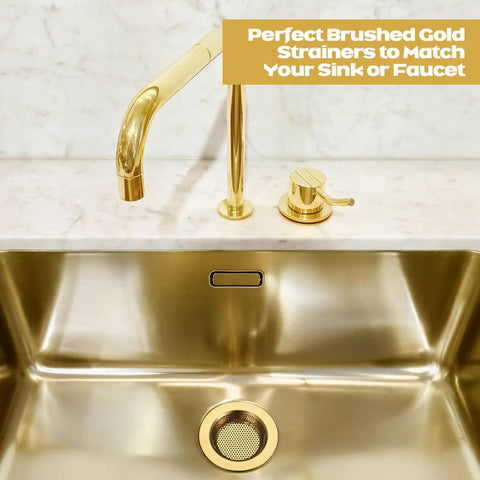 Brushed Gold 4.4 Inch Kitchen Sink Drain Strainer 2 Pack Hair Catcher Basket Filter For Bathroom Vanity Basin installed in sink.