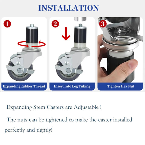 Installation guide for Heavy Duty Prep Table Casters With Locking Brake Set Of Four 4 Inch Expanding Stem Wheels.