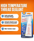 Beefed-Up High Temperature Thread Sealant In A 50 Ml Tube, OE Direct Fit packaging on orange background.
