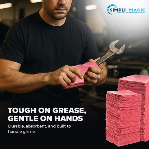 Premium Shop Towels 14x12 Inch Commercial Grade Red 150 Pack For Heavy Duty Cleaning And Absorbent Rags Great For Home Workshop Garage And Industrial Use, displayed with a wrench.