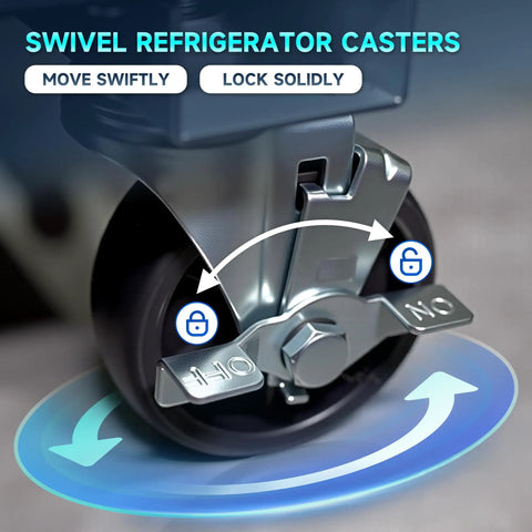 Swivel casters for Fire Heavy Duty 49 Cubic Foot Commercial Display Refrigerator for easy mobility and locking.