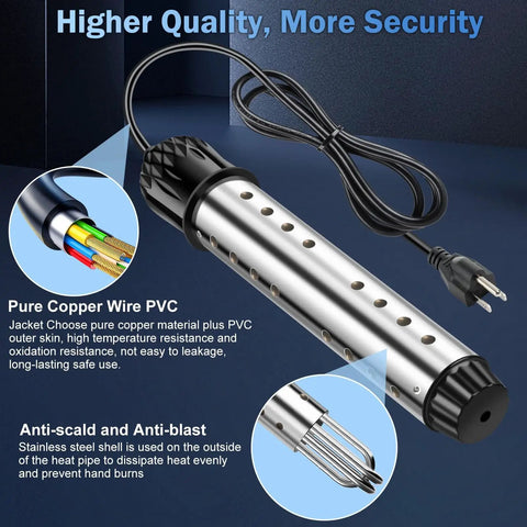 2000W Immersion Water Heater With Digital Thermometer, stainless steel body, anti-scald design, for small pools, tubs, buckets