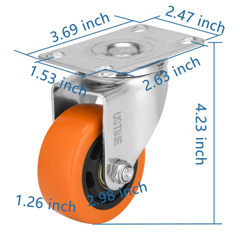 Heavy Duty 3 Inch Caster Wheels Set Of 4 With 2 Swivel And 2 Rigid Ball Bearing Casters shown with dimensions for accurate sizing.