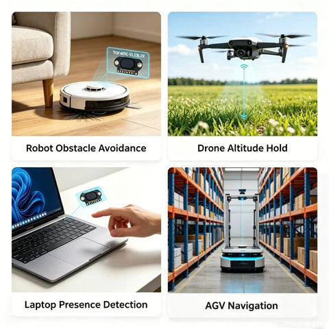 Three Pack ToF Laser Ranging Sensor Module VL53L1X With Four Meter Range for Drones, Warehouse AGVs, Ceiling Occupancy Detection, 50 Hz Measurement, Absolute Distance Sensor Kit for Precise Distance Sensing shown in robot, drone and AGV use cases