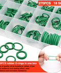 Car AC Repair Kit With 270 O Ring Seals And 40 Valve Core Set Plus Remover Tool For R12 R134a Refrigerant Systems And Tire Valve Cores. Close-up of green O-rings in compartment box and hands stretching an O-ring.