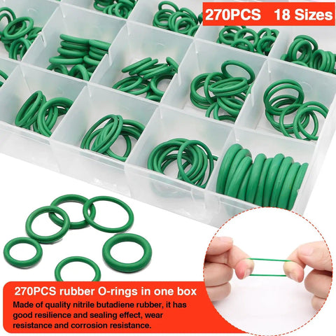 Car AC Repair Kit With 270 O Ring Seals And 40 Valve Core Set Plus Remover Tool For R12 R134a Refrigerant Systems And Tire Valve Cores. Close-up of green O-rings in compartment box and hands stretching an O-ring.