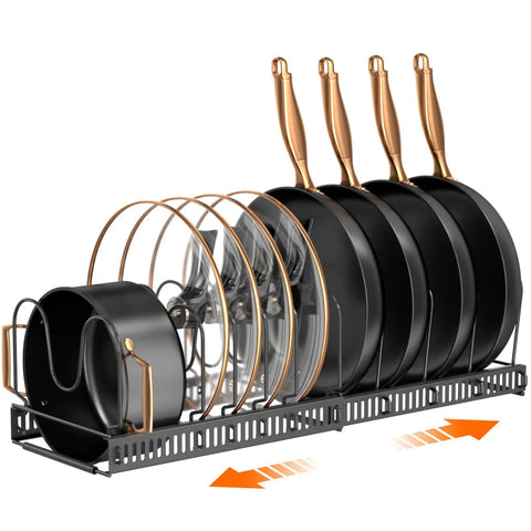 Zero Hassle Expandable Pot And Pan Lid Organizer Rack For Kitchen Cabinets With Ten Snap Tight Dividers To Store Skillets Cutting Boards And Heavy Cookware Clean, displaying skillets and lids in a horizontal rack.