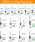 Diagram of Go-To 900 Pcs Black Pop Rivets Assortment Kit with 14 sizes from 3/32" to 3/16" shown with labels and dimensions