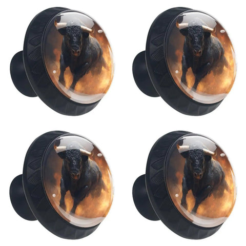 Four Pack Black Crystal Glass Cabinet Knobs 1.37 Inch Round Drawer Pulls with bull design for Kitchens, Dressers, and Closets