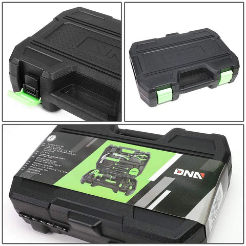 Starter Cordless Drill Kit With 27 Pieces, 12V 1300mAh Power Drill in closed black ABS case with green clasps, kit label view