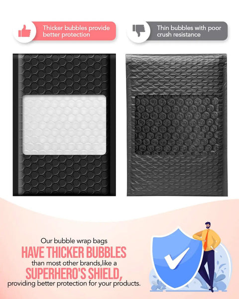 Comparison of bubble mailers showing thicker vs. thin bubbles in black padded envelopes for protection illustration.