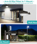 Dusk To Dawn Outdoor Wall Pack Light With Photocell Sensor, adjustable beam angle shown in wall and pole mount settings.