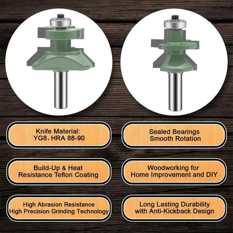 Two Pack 1/2 Inch Shank Tongue And Groove Router Bit Set with tungsten carbide for woodworking, shown with specifications.