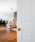 Antique Brass Dummy Door Lever for Privacy Doors Single Sided Non Turning Right Handed Interior Push Pull Handle for Closets French Doors and Pantry with DIY Friendly Install Reversible Design and Microban Protection on white door
