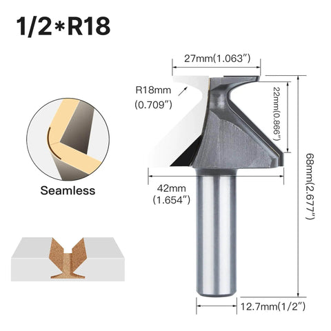 Half Inch Shank R18 Seamless Woodworking Router Bit Arc Bending Integrated Milling Cutter Carbide Tip V Bit with detailed measurements