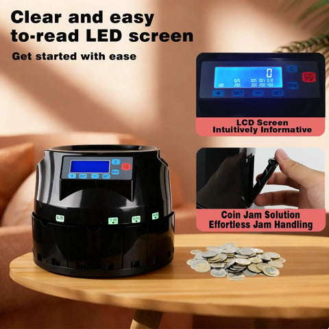 Pro Coin Counter And Sorter Machine For Home Or Biz, Fast 300 Coins Per Minute, LCD screen and coin jam solution display.