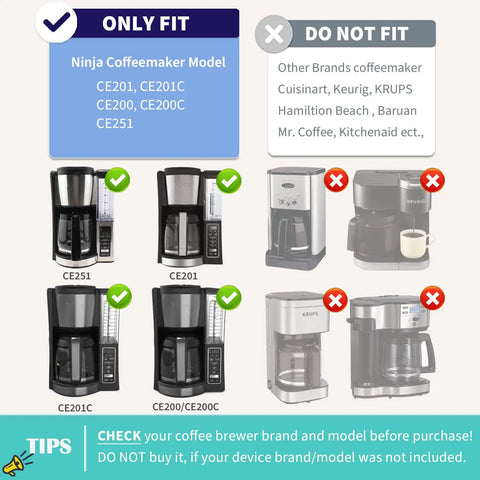 Comparison chart of coffee makers showing models that fit and do not fit the Replacement Glass Carafe For Ninja Coffee Maker 12 Cup.