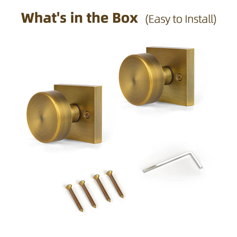 Two Pack Antique Brass Dummy Door Knobs For Interior Doors, Vintage Square Rosette, Non Turning Knob, screws, hex key